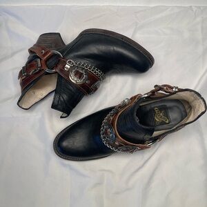 Free Bird Mystic Black Leather Ankle Boots with Brown Straps